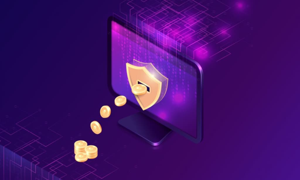 a computer screen and bitcoins fall from it on a purple background