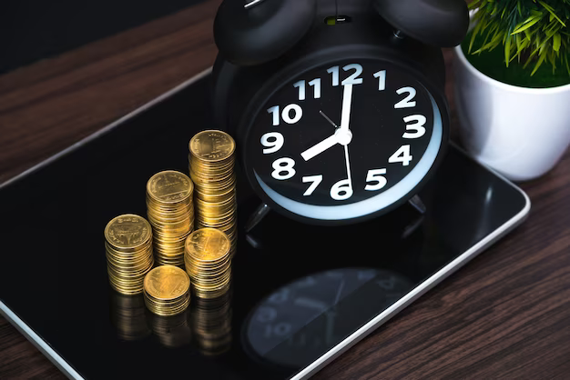 Stacks of coins and alarm clock with tablet