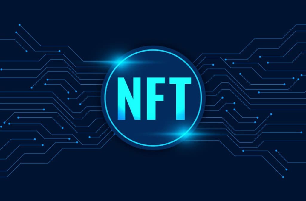 A glowing NFT acronym encircled by a digital network on a dark background