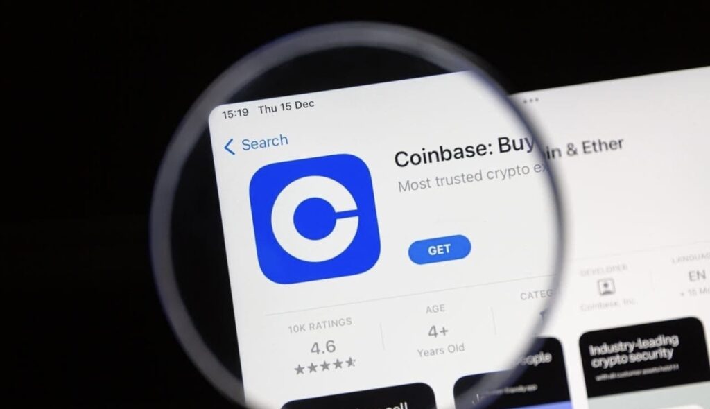 Magnifying glass pointed at coinbase app