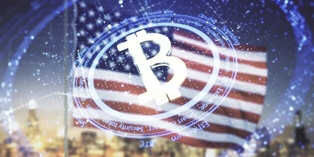 Bitcoin logo on american flag background
