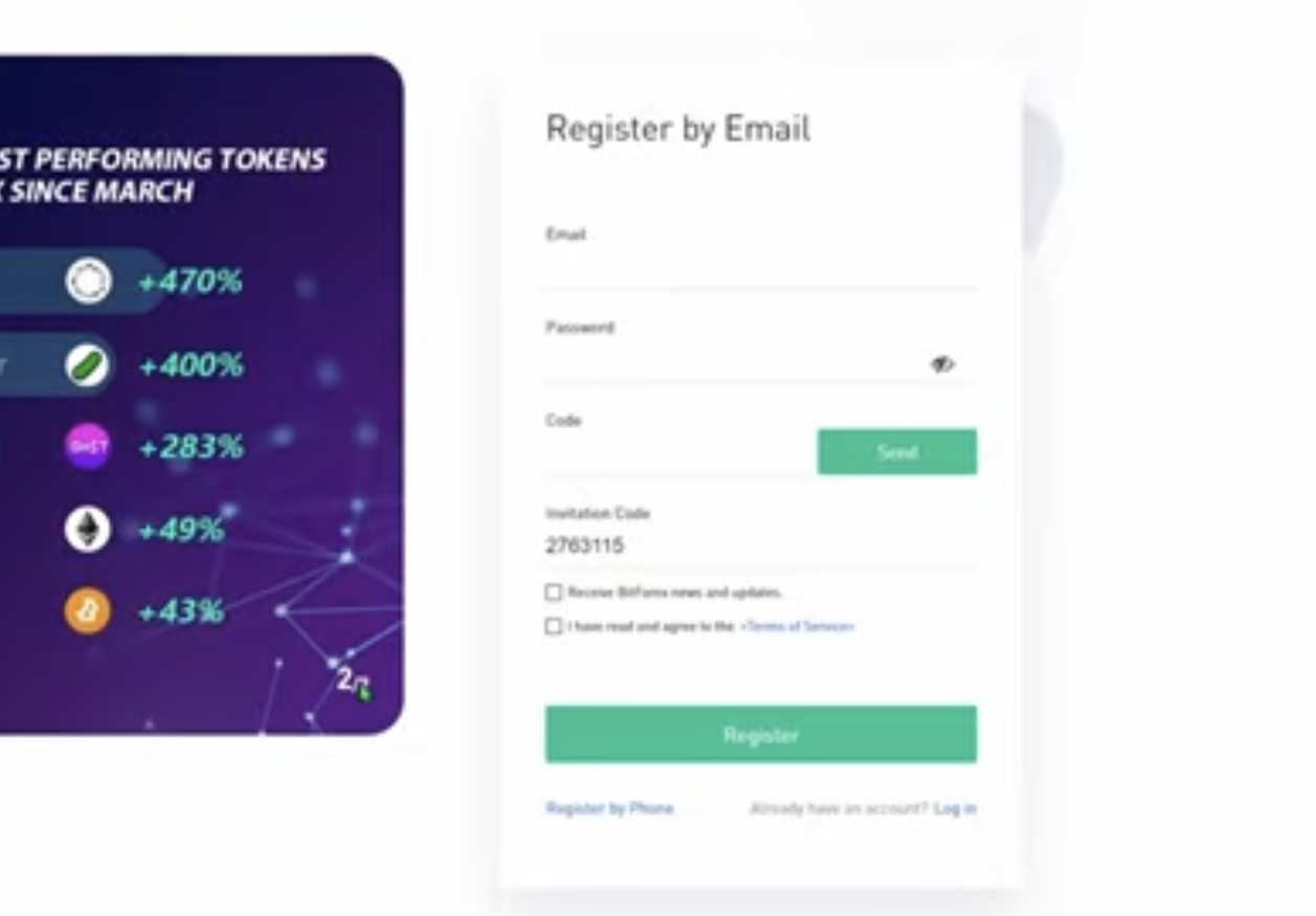 A screenshot of a cryptocurrency registration page with fields for email, password, and an invitation code