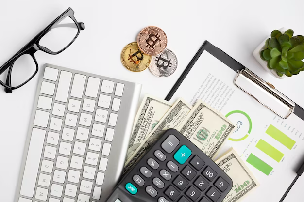 Top view of financial instruments, dollar, bitcoin, keyboard, calculator