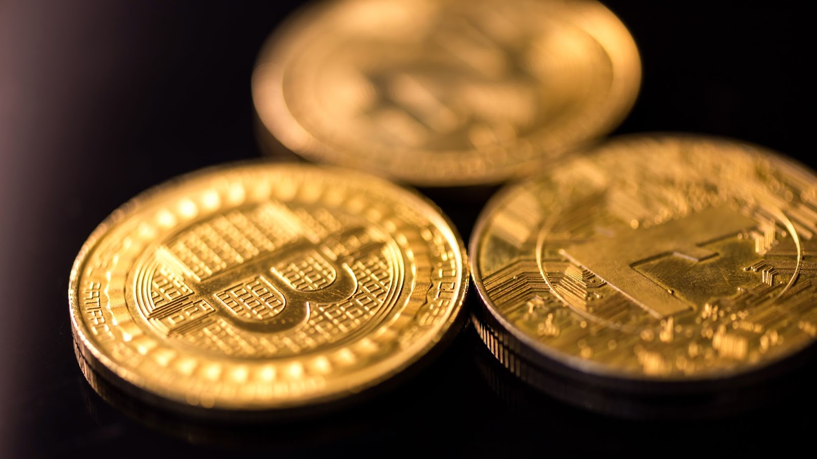 Close up of cryptocurrencies gold coins