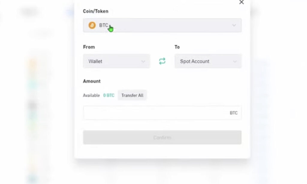 A screenshot focused on a dialog box for transferring Bitcoin from a wallet to a spot account, with fields for selecting the coin/token, source, and amount
