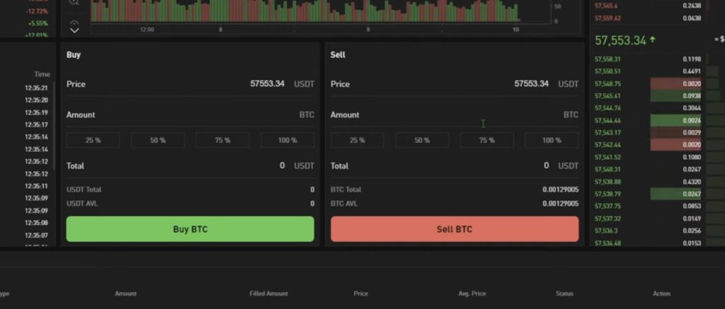 A screenshot of a cryptocurrency trading interface showing a candlestick chart, with buy and sell sections for Bitcoin in USDT, and a list of recent trades