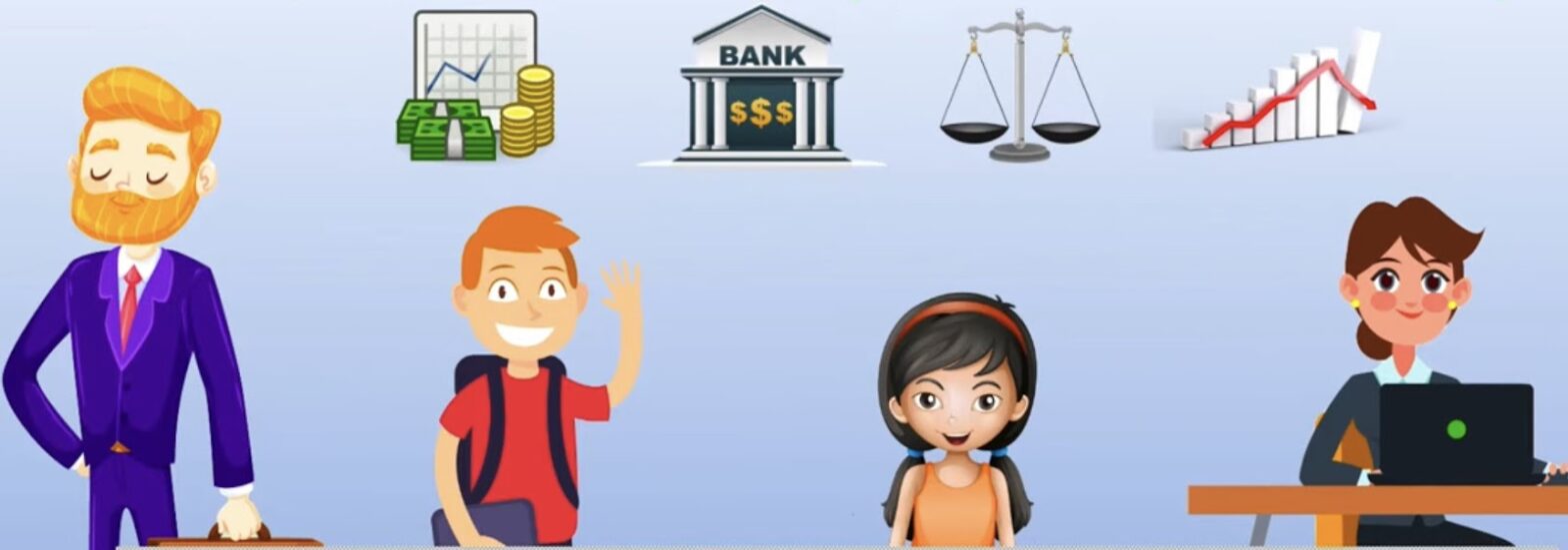 Illustration of various financial concepts with characters: a businessman in a suit, a boy waving, a bank building, scales of justice, and a decreasing chart graph