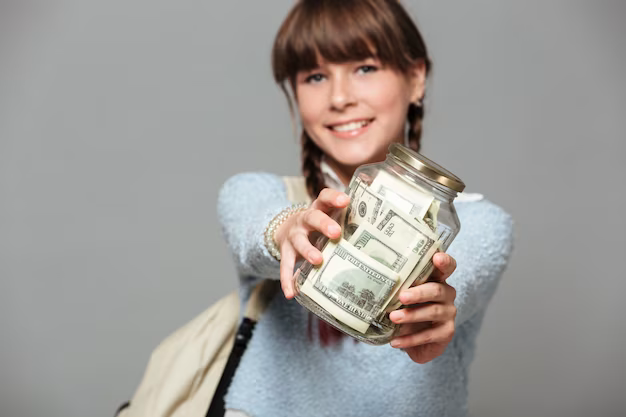 Smiling girl with a jar full of money