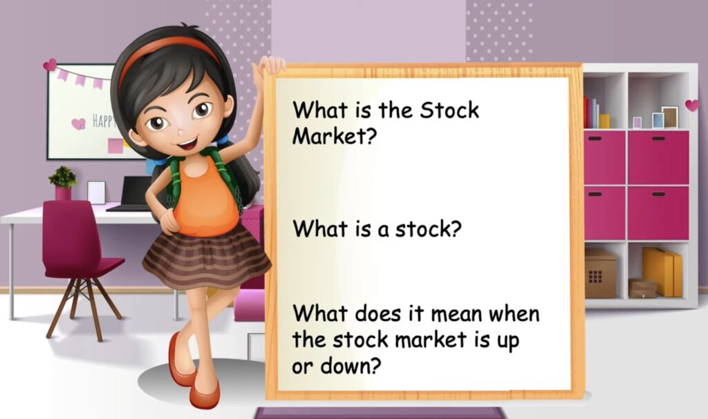Cartoon image of a young girl with a backpack standing next to a large presentation board with questions about the stock market and stocks