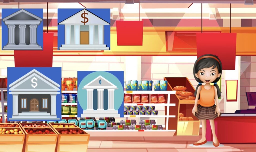 Animated scene of a grocery store with different bank buildings and financial symbols, featuring a cartoon girl standing at the entrance