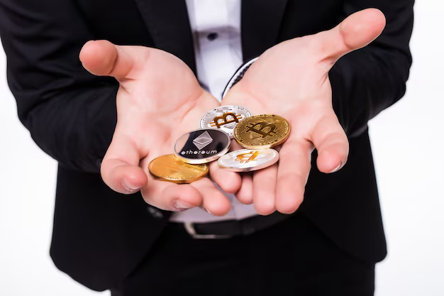 Man holding different crypto coins in his hands