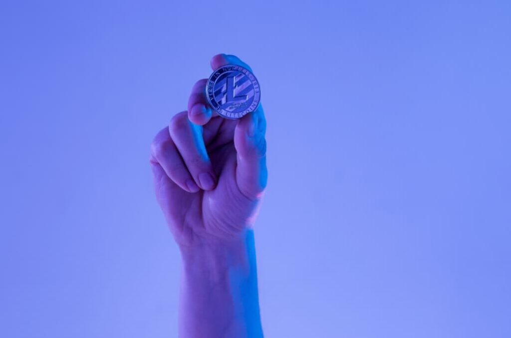 hand holds a bitcoin on purple background