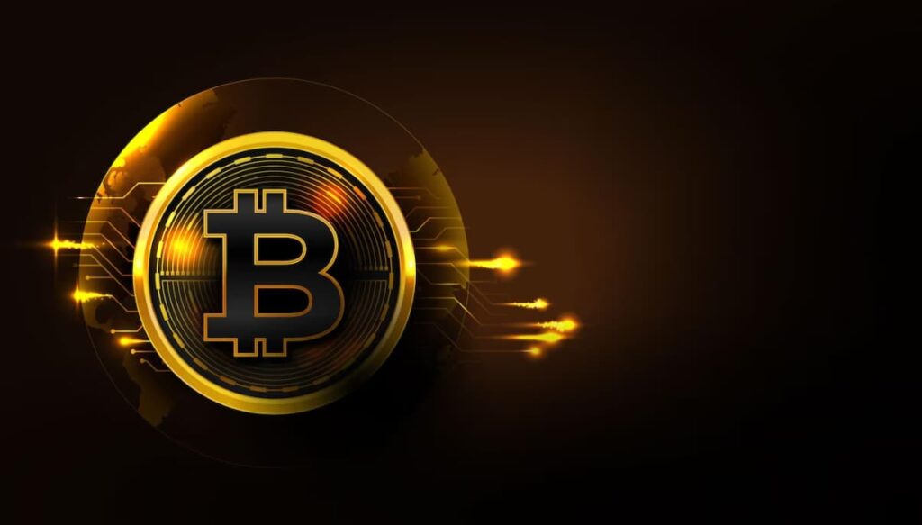 A Bitcoin emblem glowing with golden and orange hues against a dark background