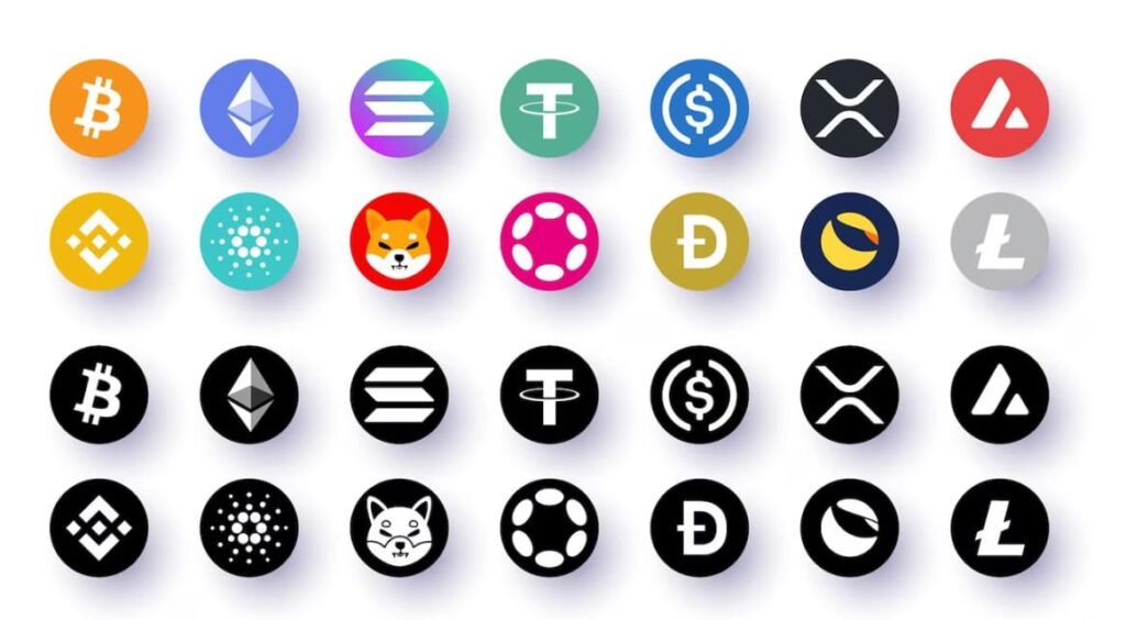 A collection of various cryptocurrency logos on a white background