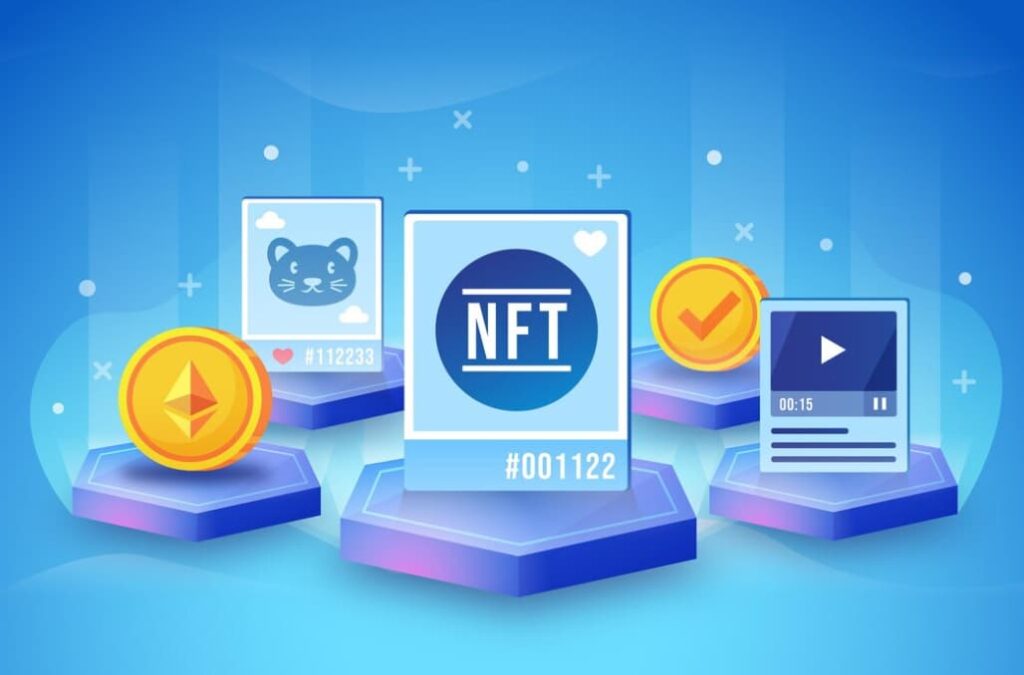 Various NFT icons displayed on pedestals against a blue gradient backdrop