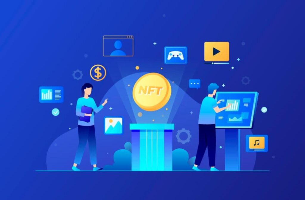 two persons on blue background, one is typing on the screen, other holds a folder, nft sign above