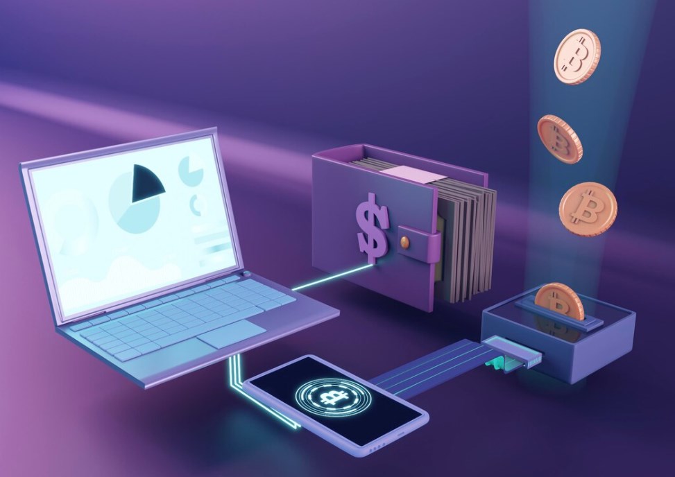 3D cryptocurrency concept with a virtual laptop, table, folder, and bitcoins