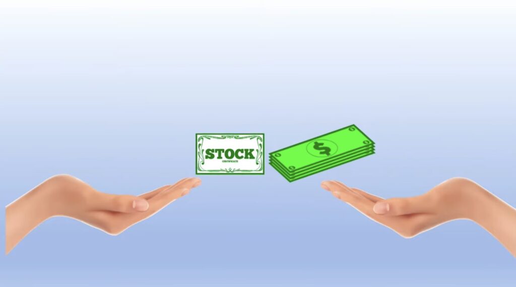 Digital image of two hands, one offering a stock certificate and the other offering cash, symbolizing the exchange of stock for money