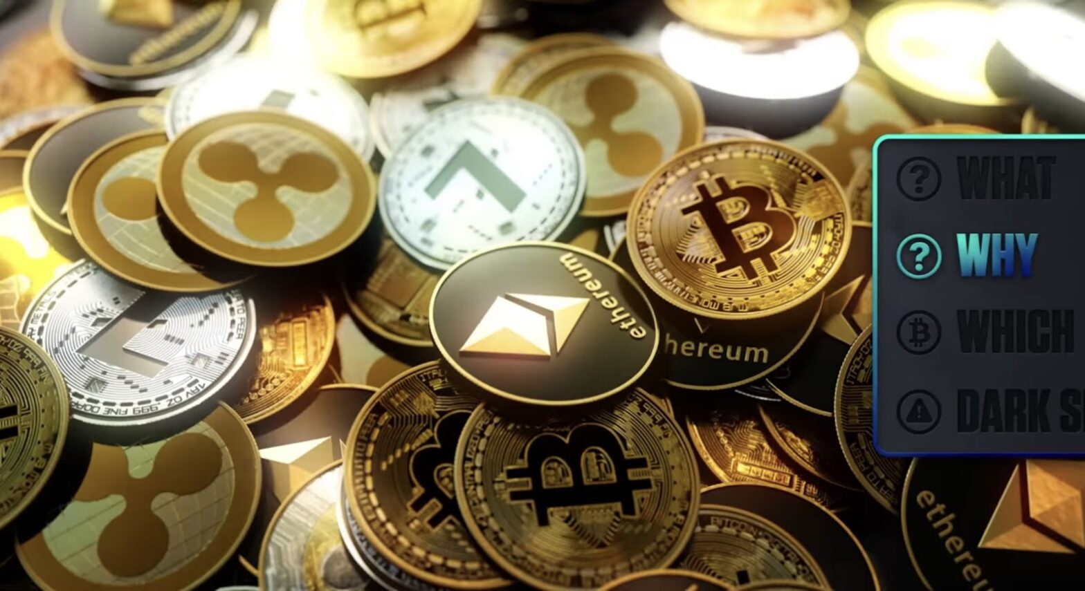 An assortment of various cryptocurrency coins like Bitcoin, Ethereum, and others, piled together with a glowing effect, next to a digital display with the words