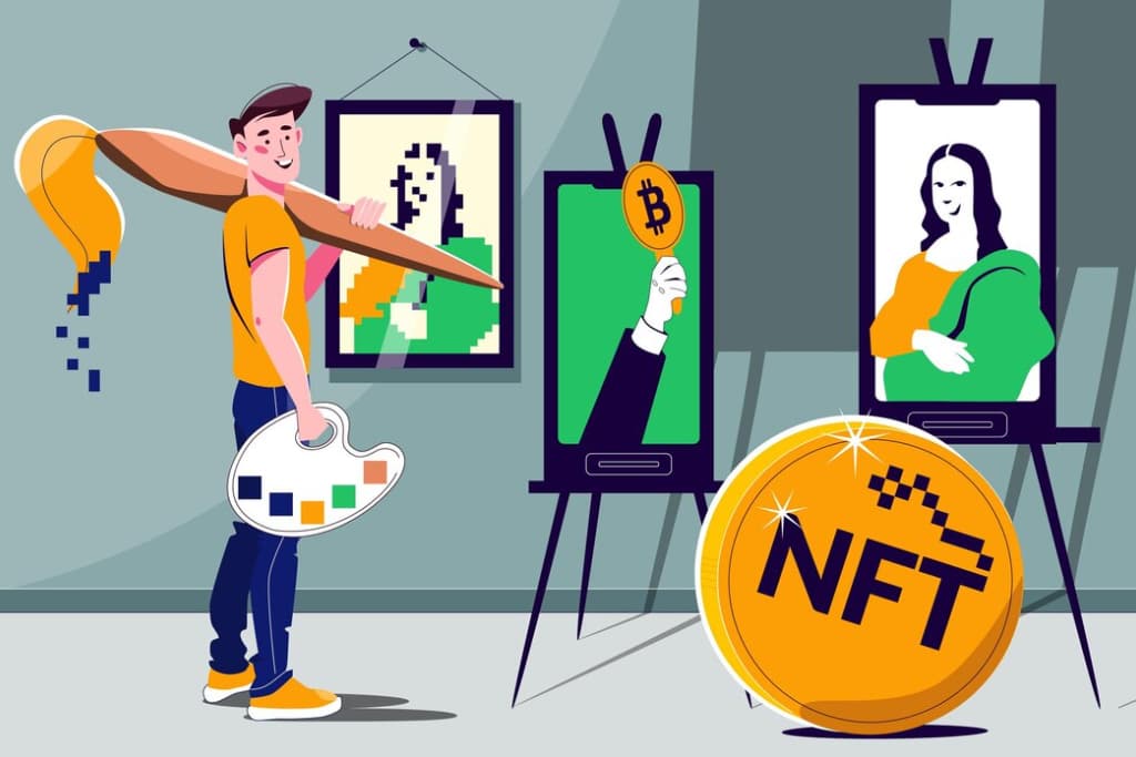 a character holds a brush with paints, an NFT golden coin, the pictures of the Mona Lisa