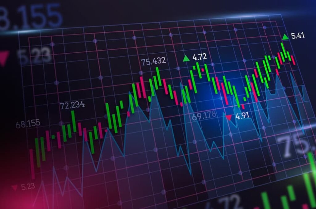 A dynamic stock market graph with rising and falling green and red bars